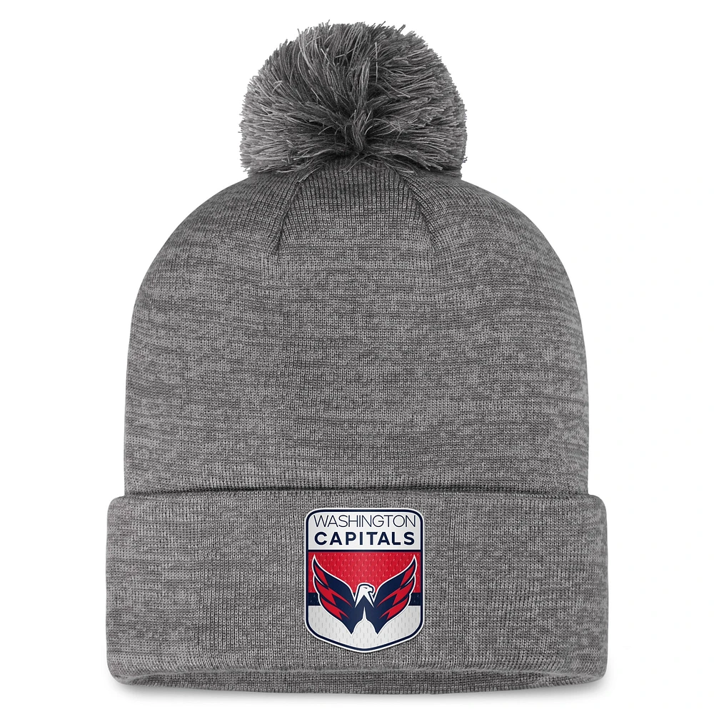 Bonnet en tricot à revers authentique Pro Home Fanatics gris Washington Capitals pour hommes avec pompon