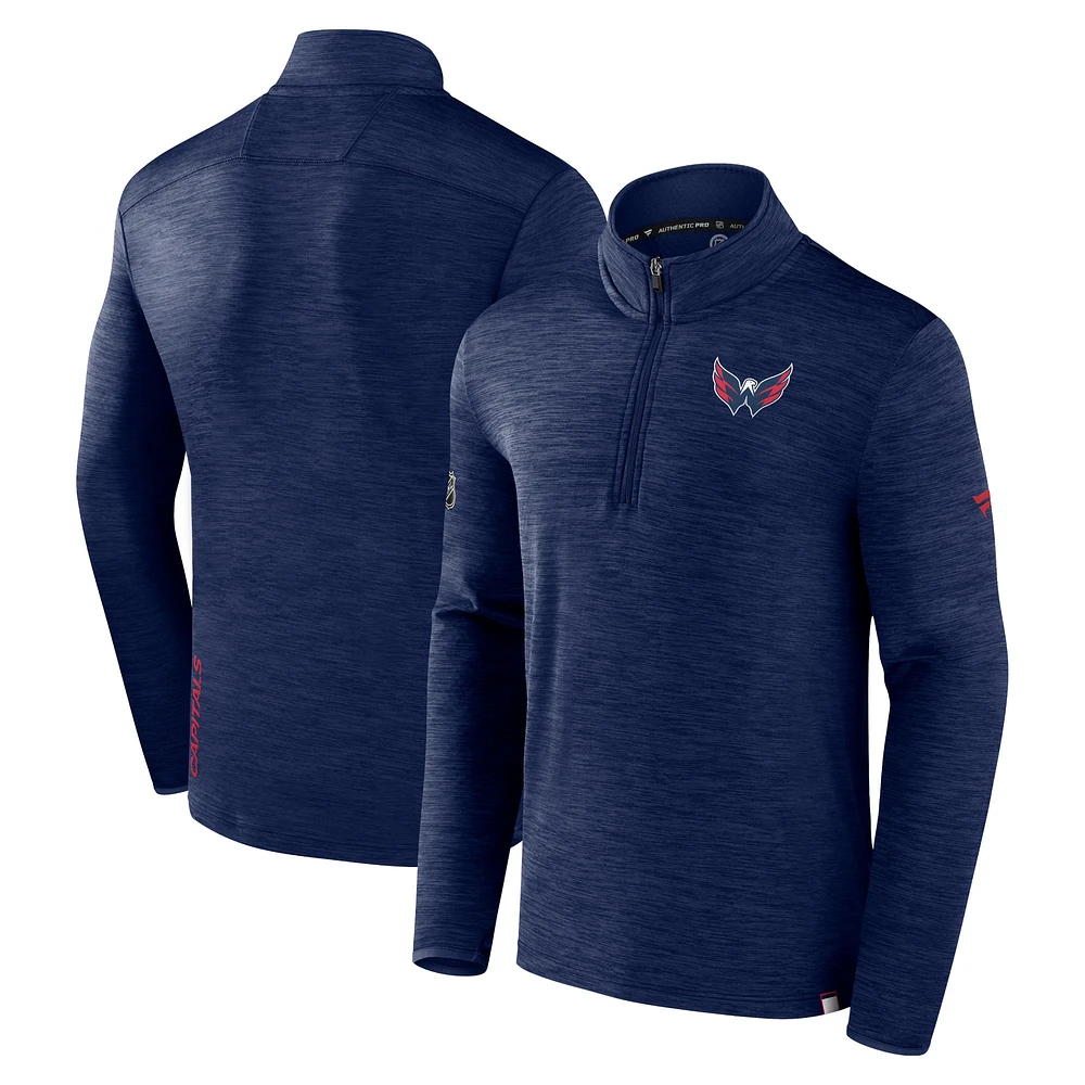 Haut à enfiler authentique quart de zip Washington Capitals Fanatics Heather Navy pour hommes