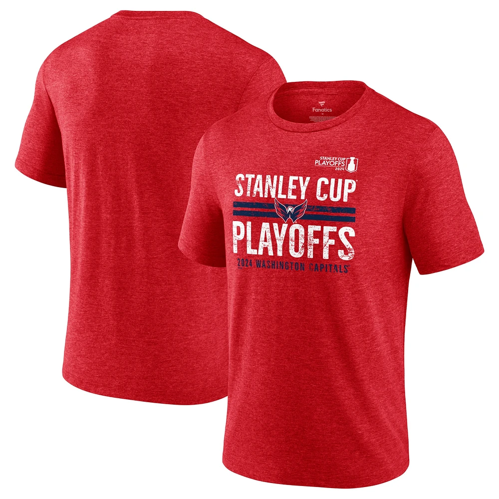 T-shirt tri-mélange à barre transversale des séries éliminatoires de la Coupe Stanley 2024 Capitals Washington Heather Red Fanatics pour hommes