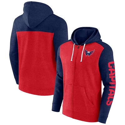 Sweat à capuche entièrement zippé Down and Distance Fanatics Heather Red Washington Capitals pour hommes