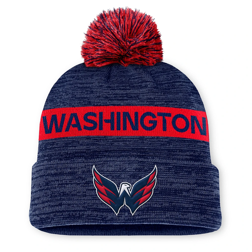 Bonnet en tricot à revers avec pompon Authentic Pro Rink des Washington Capitals bleu marine/rouge Fanatics pour homme