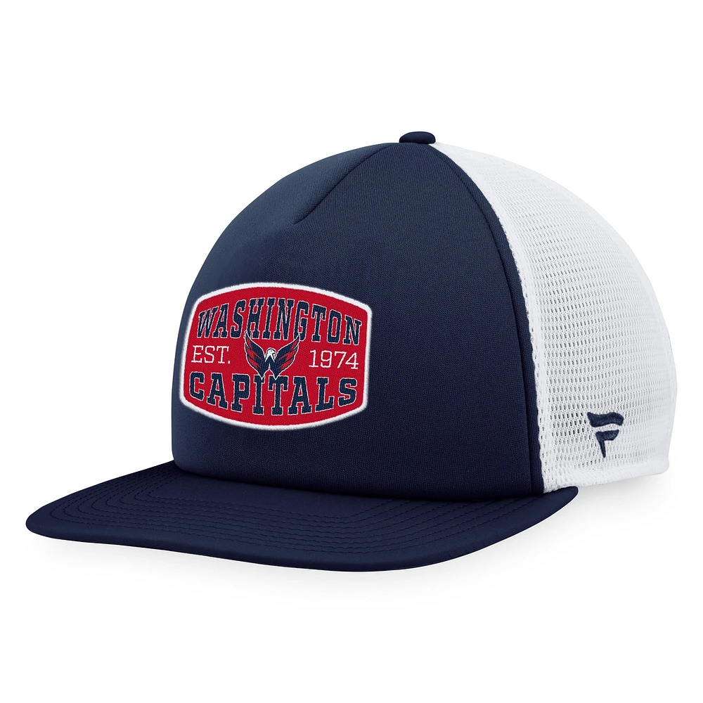 Casquette Snapback de camionneur avec patch en mousse sur le devant en mousse Fanatics pour hommes, bleu marine/blanc, Washington Capitals