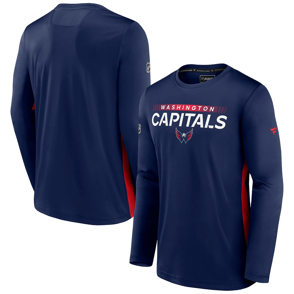 T-shirt à manches longues Fanatics Navy Washington Capitals Authentic Pro Rink Performance pour hommes