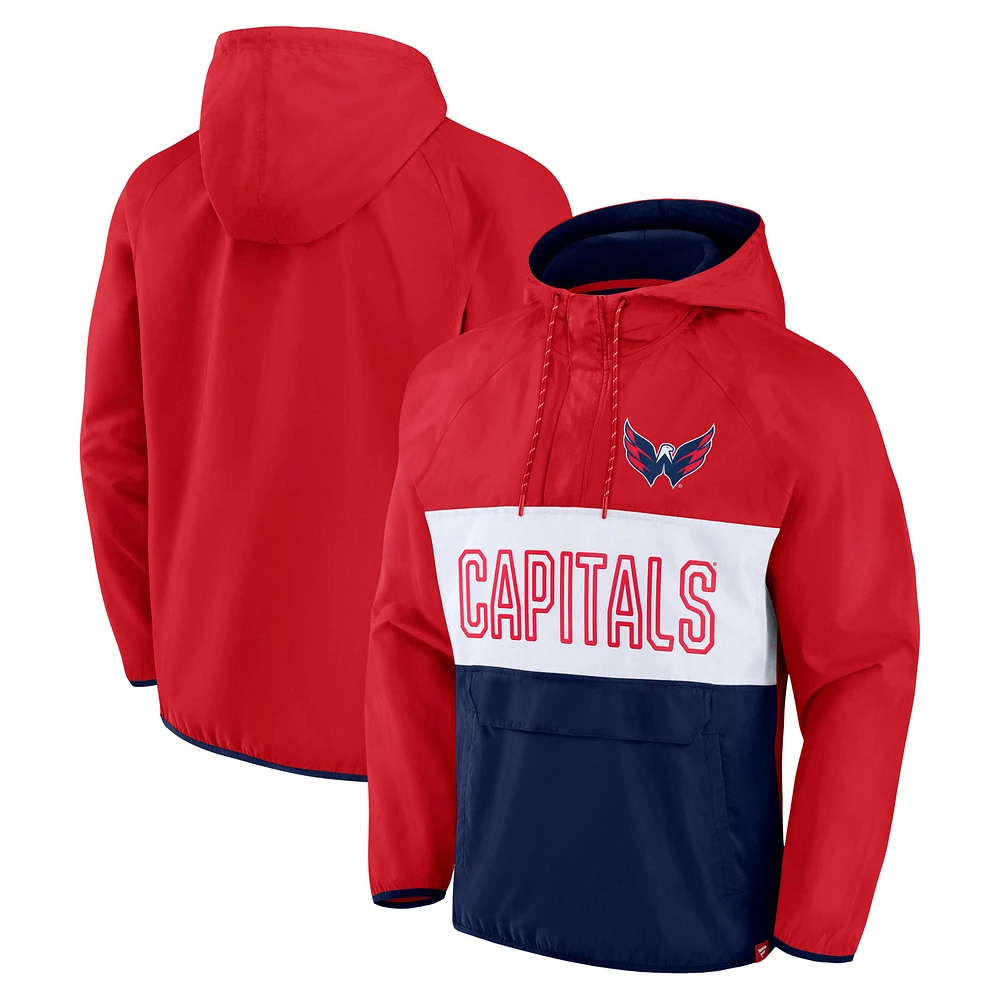 Veste à capuche quart de zip Anorak Raglan Fanatics pour hommes rouge/marine Washington Capitals Backhand Shooter Defender