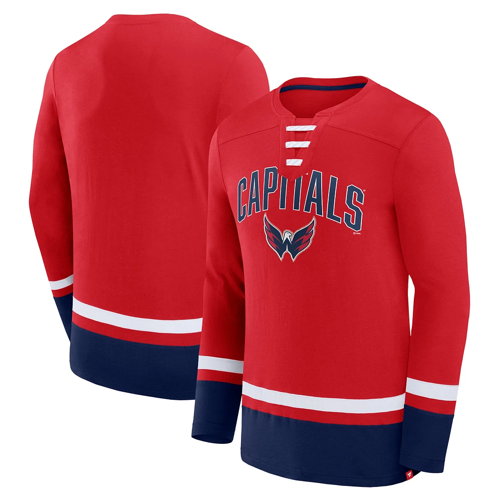 T-shirt rouge à manches longues lacets Fanatics Washington Capitals Back Pass pour hommes