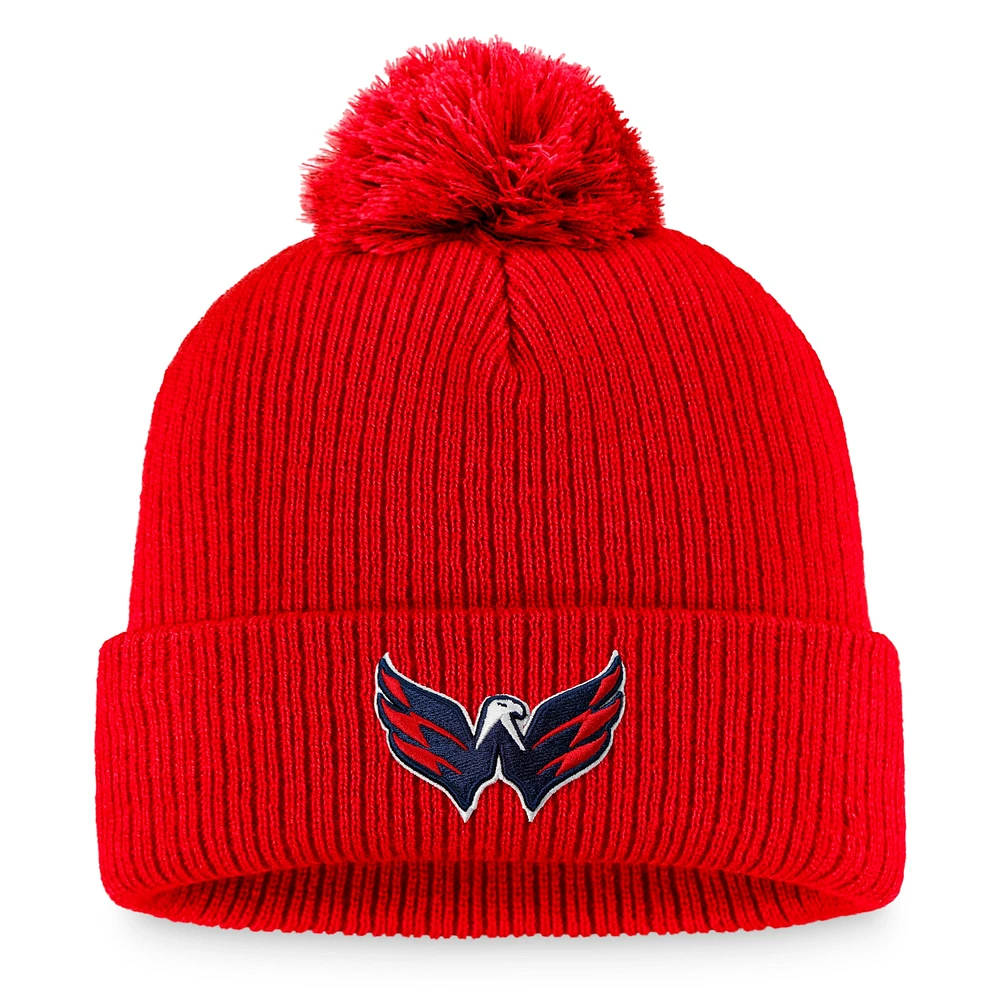 Bonnet en tricot à revers avec logo principal Fanatics Red Washington Capitals Core pour hommes avec pompon