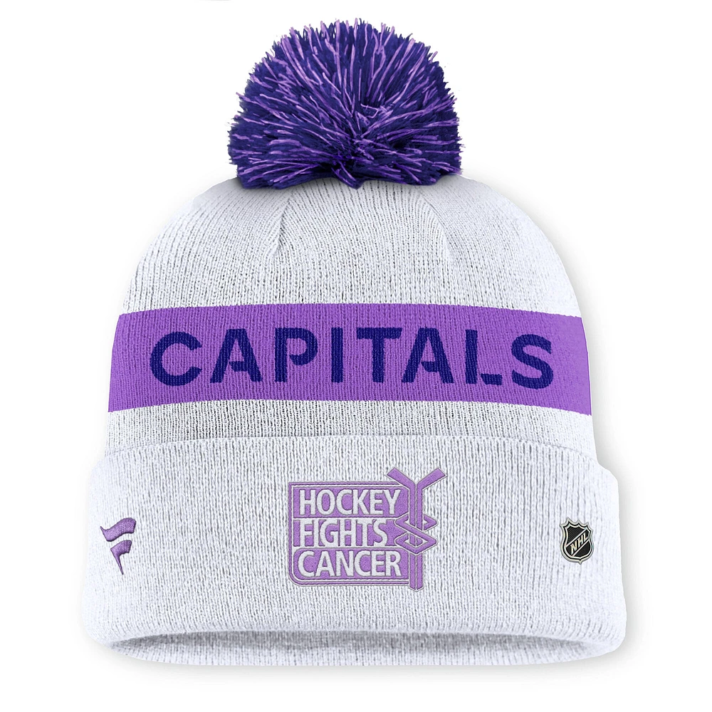 Bonnet en tricot à revers avec pompon pour homme Fanatics White Washington Capitals Hockey Fights Cancer