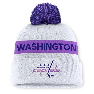 Bonnet en tricot à revers avec pompon pour homme Fanatics White Washington Capitals Hockey Fights Cancer