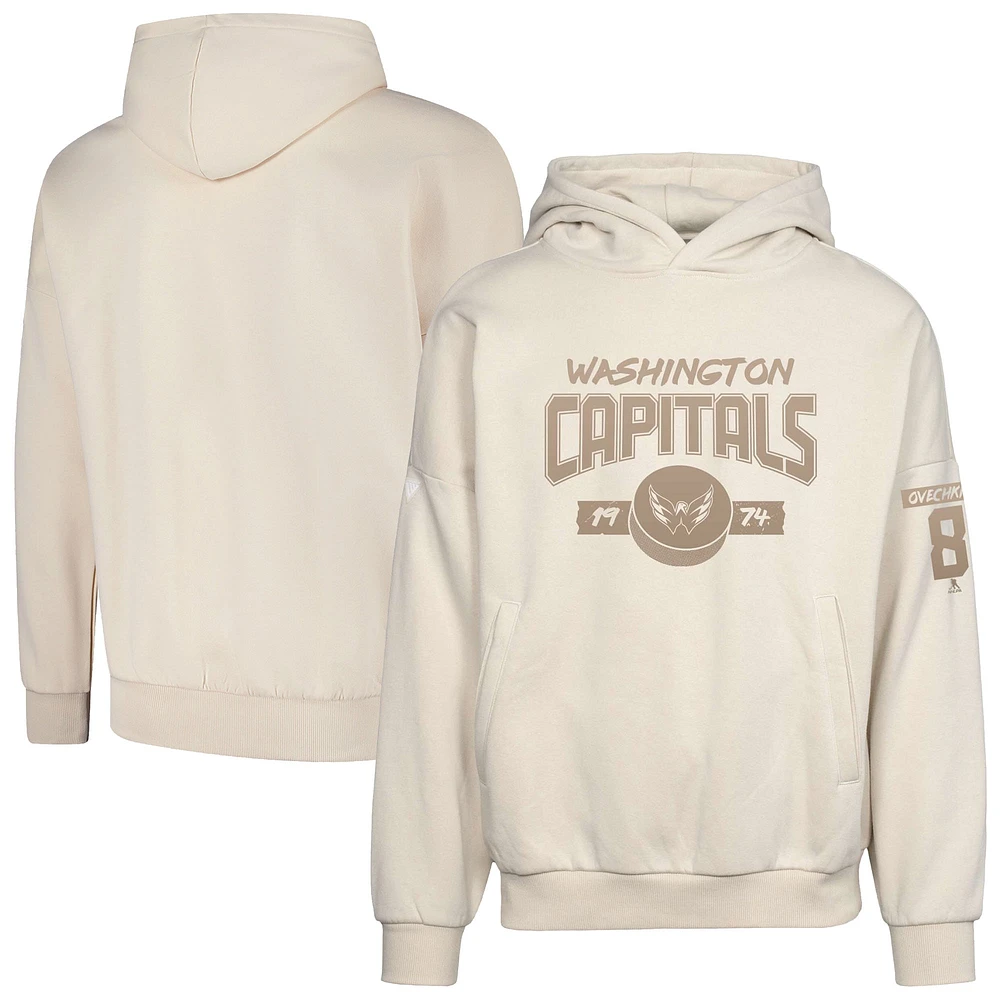 Men's Levelwear Alexander Ovechkin Khaki Washington Capitals Oversized Contact Name & Number Pullover Hoodie