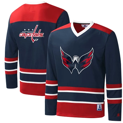 Men's Starter Navy/Red Washington Capitals Cross Check Jersey V-Neck Long Sleeve T-Shirt