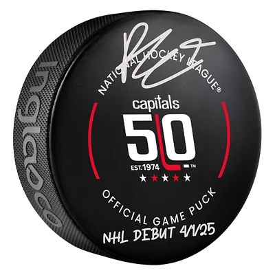 Ryan Leonard Washington Capitals Autographed 50th Anniversary Official Game Puck with "NHL Debut 4/1/25" Inscription