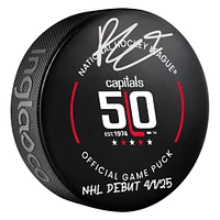 Ryan Leonard Washington Capitals Autographed 50th Anniversary Official Game Puck with "NHL Debut 4/1/25" Inscription