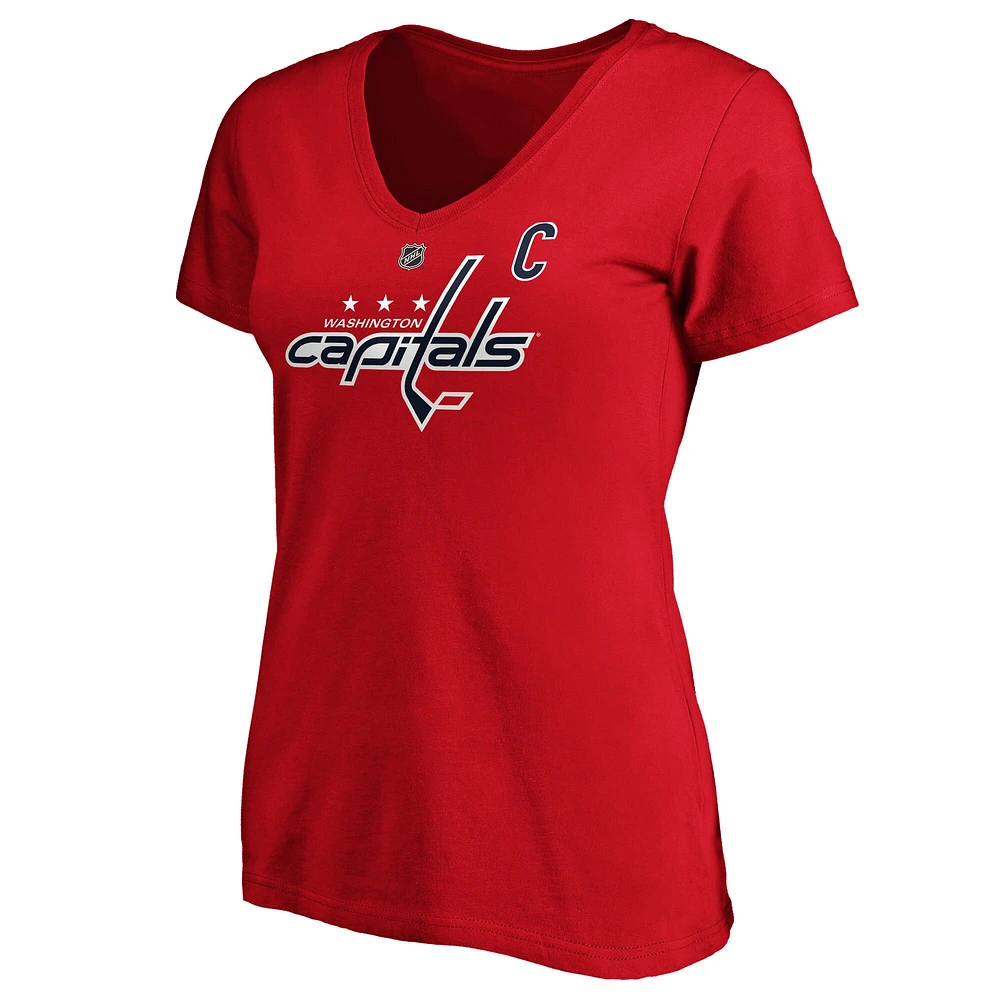 T-shirt à col en V rouge authentique pour femme Alexander Ovechkin Washington Capitals avec nom et numéro Stack