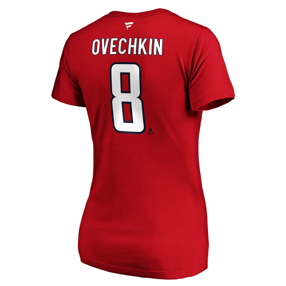 T-shirt à col en V rouge authentique pour femme Alexander Ovechkin Washington Capitals avec nom et numéro Stack