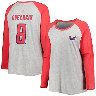 T-shirt à manches longues raglan Fanatics Alexander Ovechkin pour femmes, gris chiné/rouge chiné, Washington Capitals, grande taille, nom et numéro