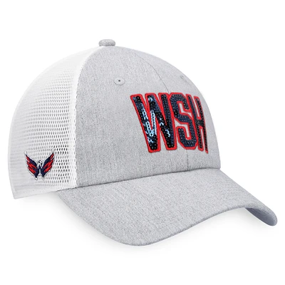 Casquette snapback emblématique Glimmer Trucker des Washington Capitals Fanatics pour femmes, gris chiné/blanc