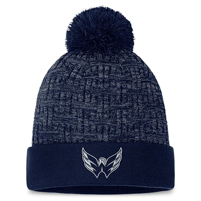 Bonnet en tricot à revers authentique Pro Road Fanatics pour femmes, bleu marine, Washington Capitals, avec pompon