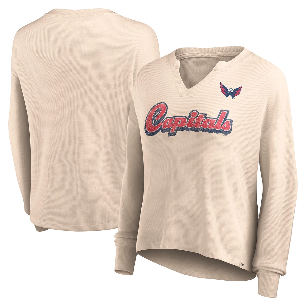 Women's Fanatics Oatmeal Washington Capitals Go For It Notch Neck Waffle Knit Long Sleeve T-Shirt