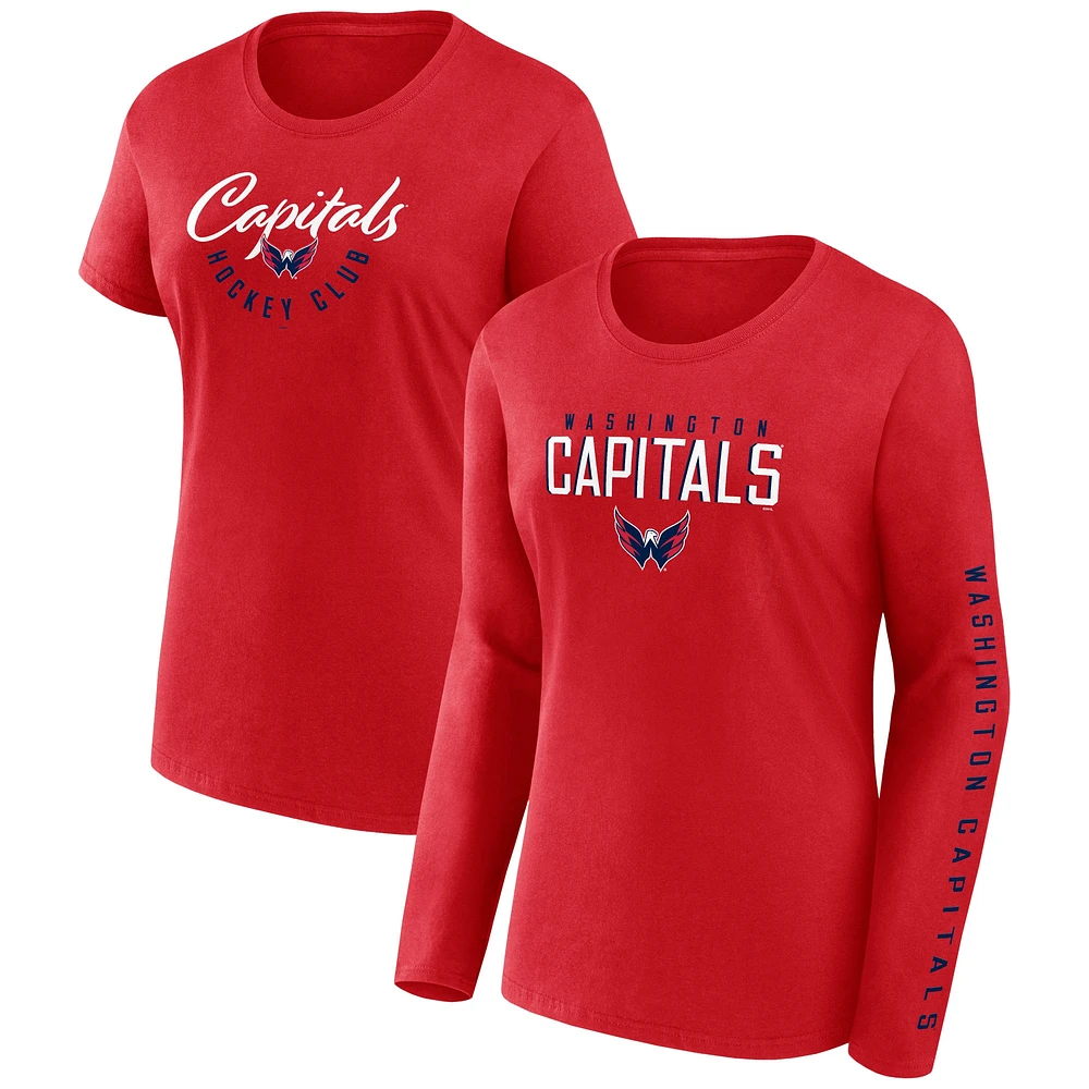 Women's Fanatics  Red Washington Capitals Long and Short Sleeve Two-Pack T-Shirt Set