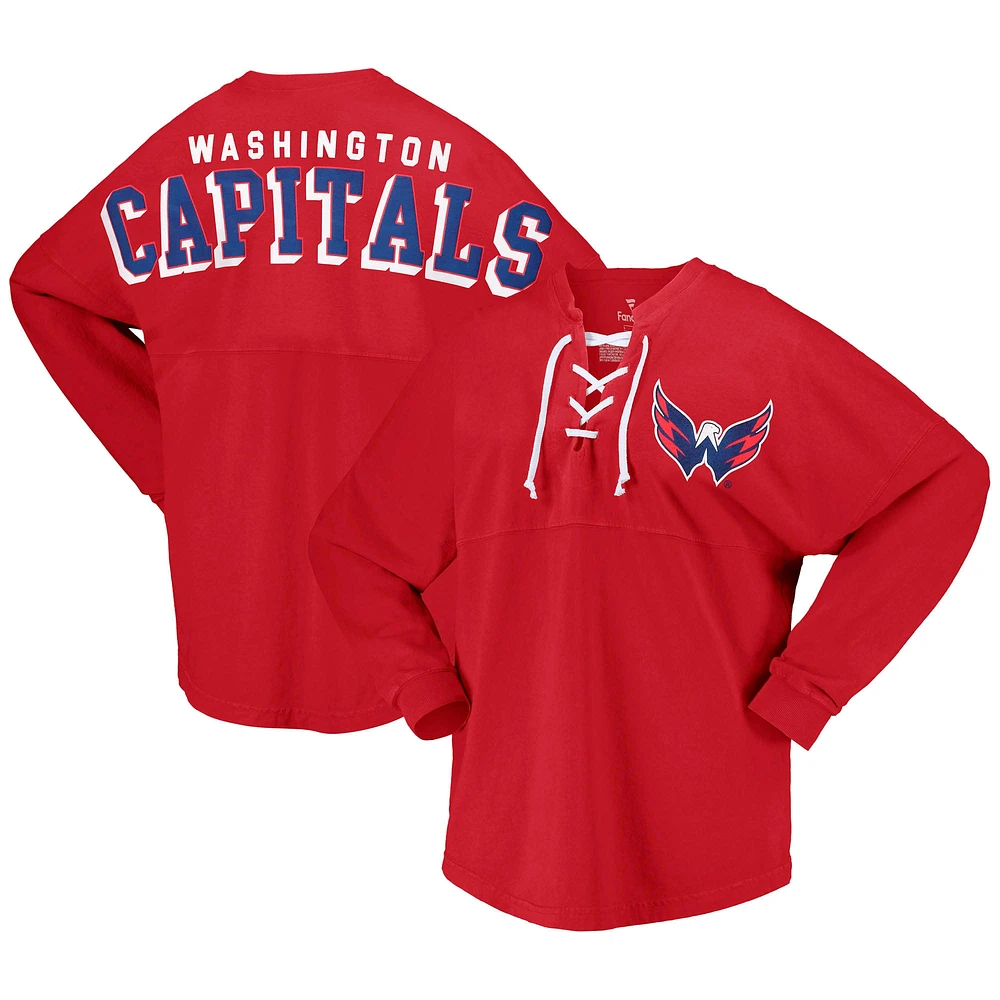 T-shirt en jersey à manches longues et col V lacets Fanatics pour femmes, rouge, Washington Capitals Spirit