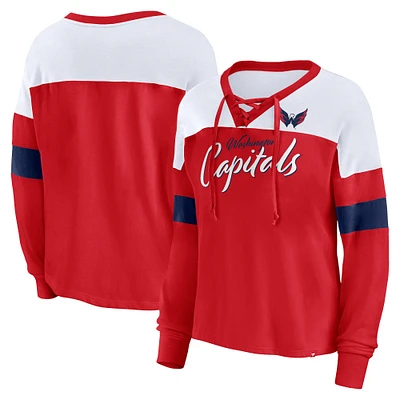 T-shirt à manches longues et col en V lacets pour femmes Fanatics Washington Capitals Take the Shot Red