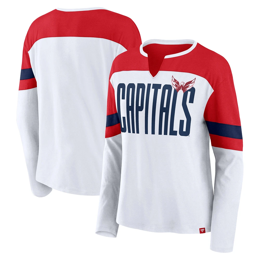 T-shirt à manches longues et col cranté pour femme Fanatics Washington Capitals Frozen blanc/rouge