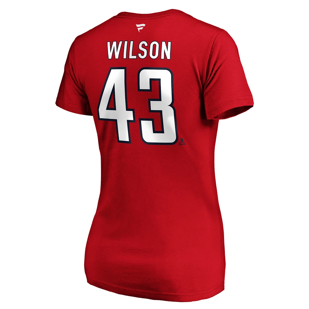 T-shirt à col en V rouge authentique pour femme avec nom et numéro de Tom Wilson des Washington Capitals