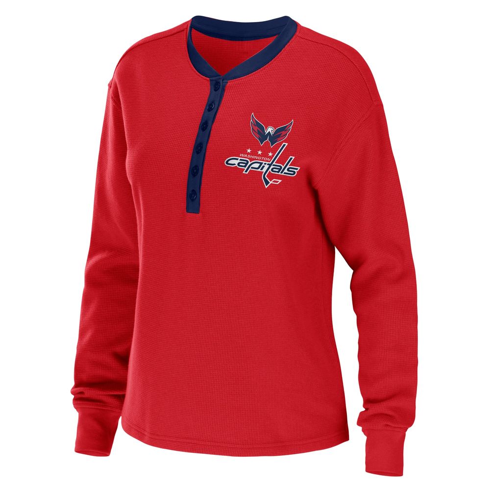 Women's WEAR by Erin Andrews Red Washington Capitals Waffle Henley Long Sleeve T-Shirt