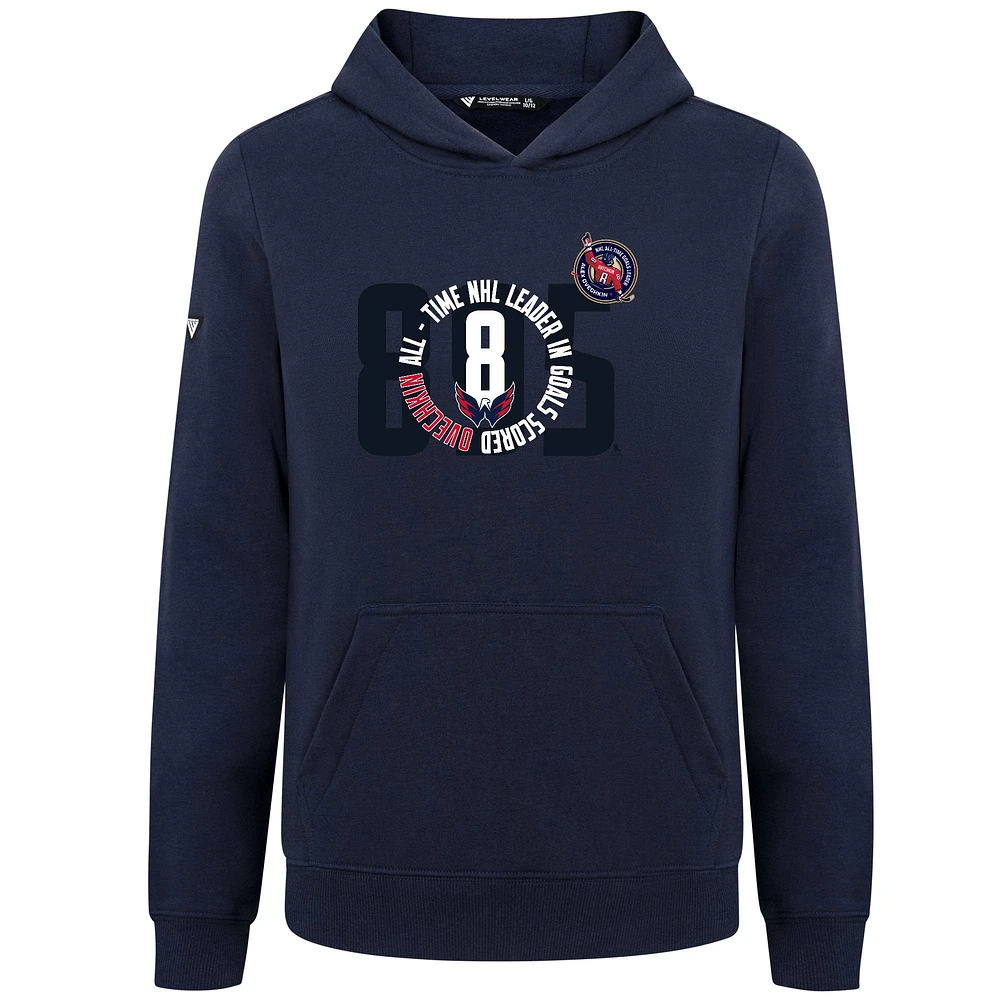 Pull à capuche bleu marine Alexander Ovechkin des Capitals de Washington la LNH, meilleur buteur tous les temps, nom et numéro scène, pour jeunes