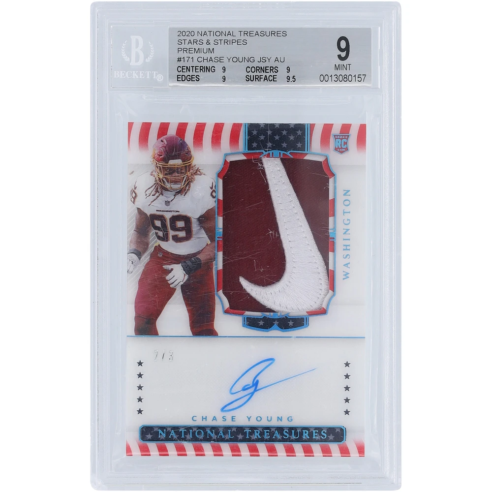 Chase Young Washington Commanders Autographed 2020 Panini National Treasures Stars & Stripes Nike Swoosh RPA #171 #2/3 BGS Authenticated 9/10 Rookie Card - 9,9,9,9.5 Subgrades