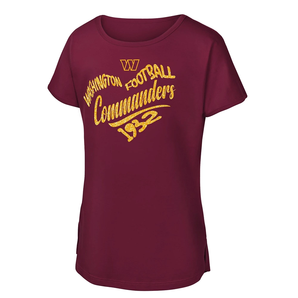 T-shirt bordeaux pour jeunes filles avec inscription Washington Commanders Heart Dolman