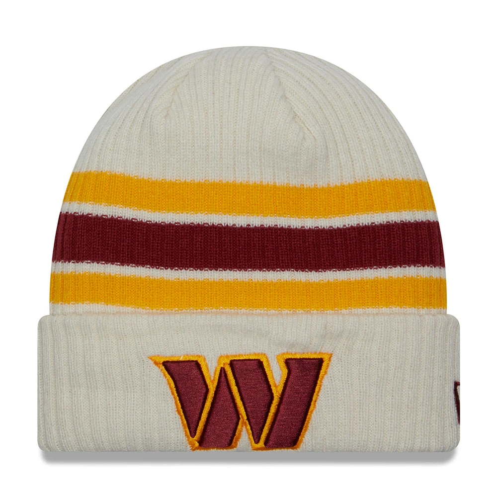 Bonnet en tricot à revers crème Washington Commanders Team Stripe New Era pour hommes