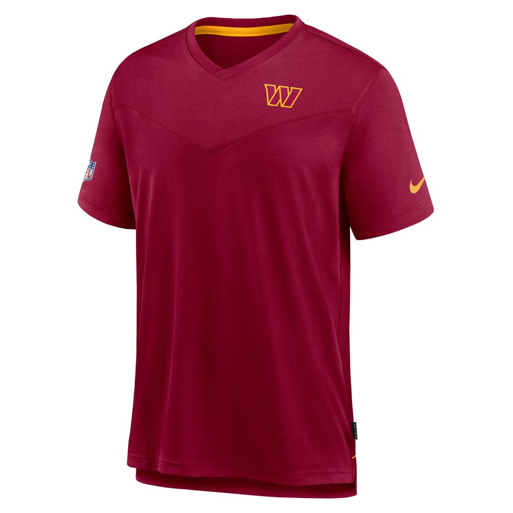 Men's Nike Burgundy Washington Commanders Sideline Coach Chevron Lock Up Logo V-Neck Performance T-Shirt