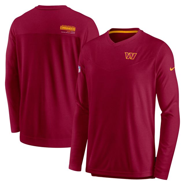 T-shirt de performance à manches longues et col en V Nike Washington Commanders Sideline Coach Chevron Lock Up pour homme, bourgogne