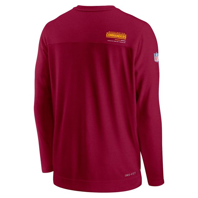 T-shirt de performance à manches longues et col en V Nike Washington Commanders Sideline Coach Chevron Lock Up pour homme, bourgogne