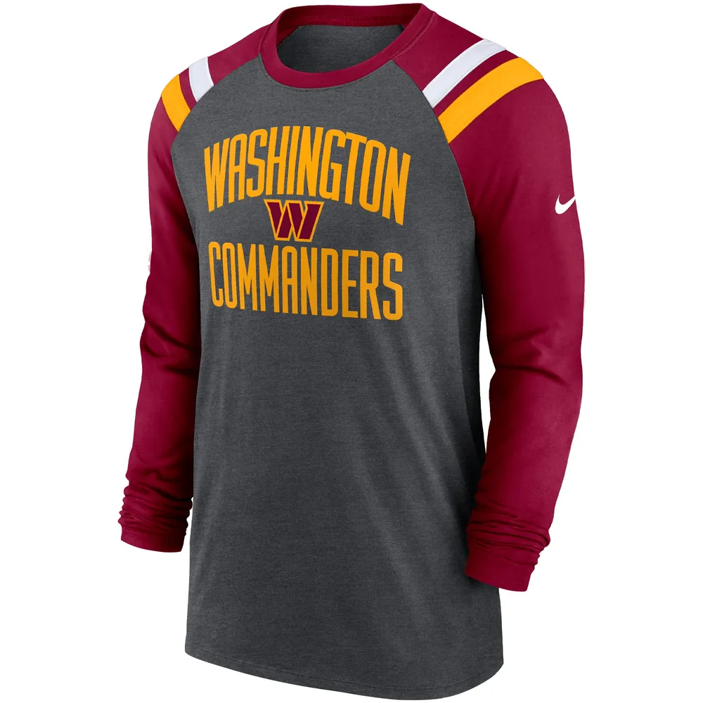 T-shirt à manches longues raglan athlétique trois mélanges anthracite chiné/bourgogne Washington Commanders pour homme Nike