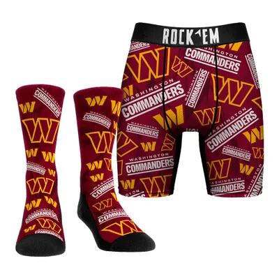Washington Commanders Rock Em Socks All-Over Logo Underwear and Crew Combo Pack