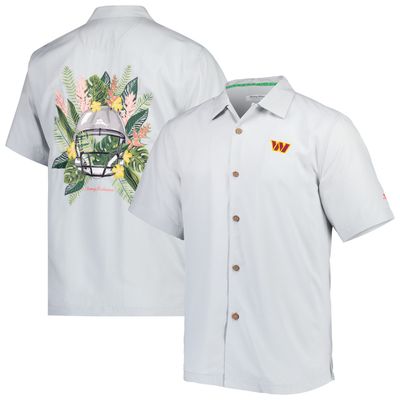 Men's Tommy Bahama Gray Washington Commanders Coconut Point Frondly Fan Camp IslandZone Button-Up Shirt