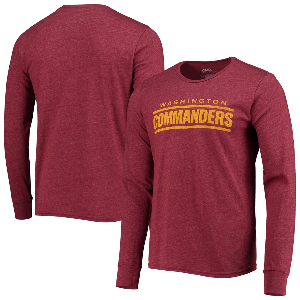 Men's Washington Commanders Majestic Threads Burgundy Wordmark Tri-Blend Long Sleeve T-Shirt Size: Small