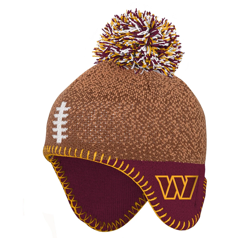 Bonnet en tricot à tête de football marron des Washington Commanders pour enfants d'âge préscolaire avec pompon