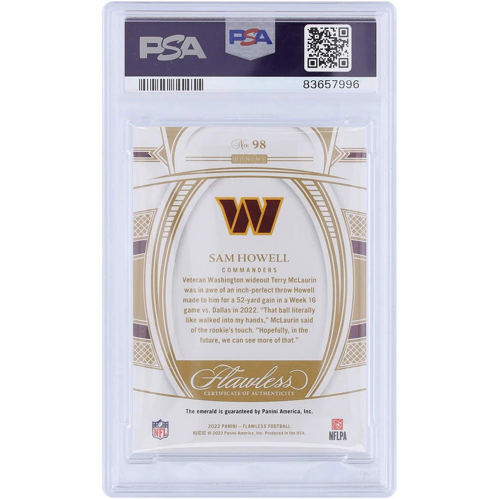 Carte de recrue authentifiée Sam Howell Washington Commanders 2022 Panini Flawless Emerald #98 #3/5 PSA 8