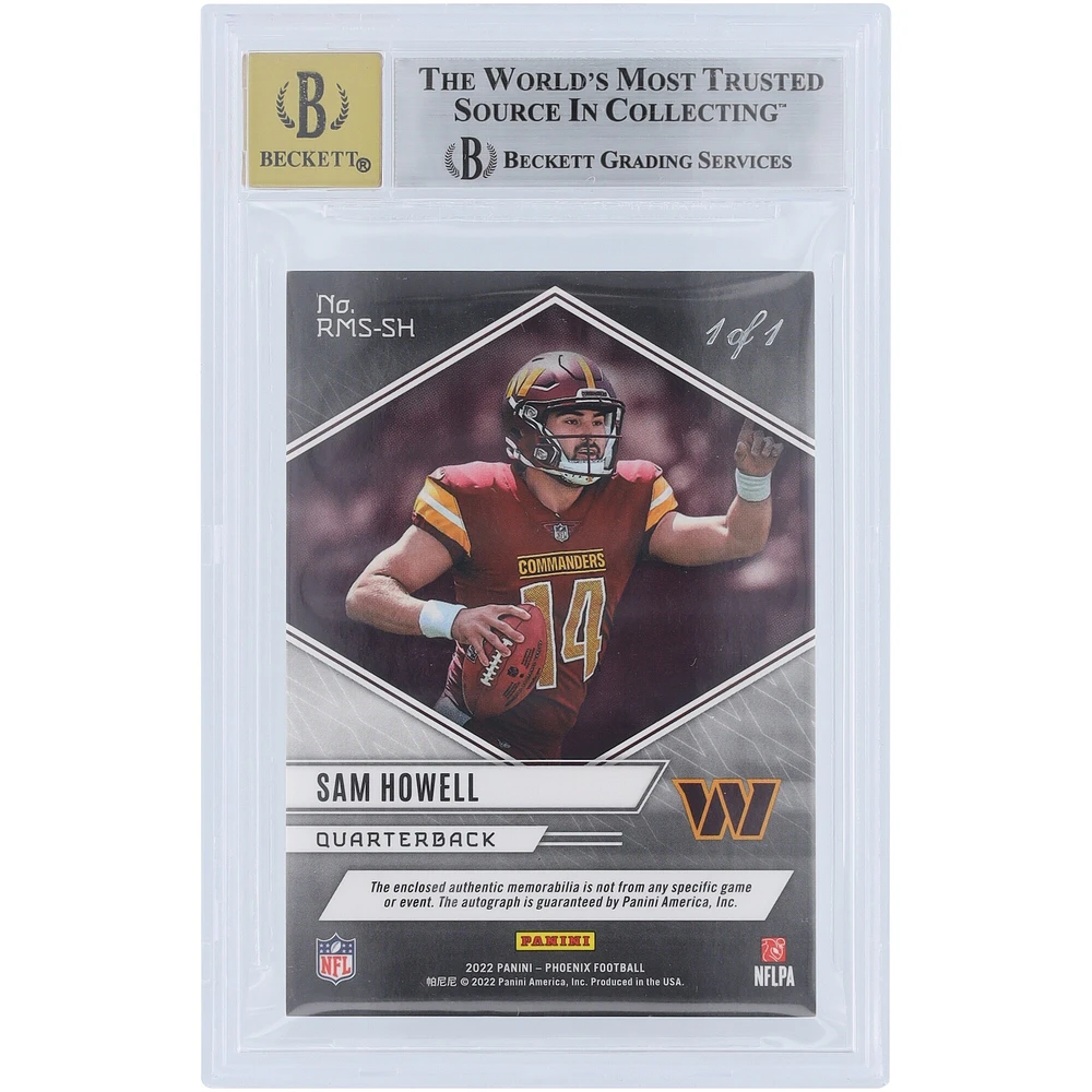 Carte relique authentifiée 8,5/10 du logo Panini Phoenix 2022 autographiée par Sam Howell Washington Commanders #RMS-SH #1/1 BGS - Sous-grades 9,5, 9, 8,5, 8,5