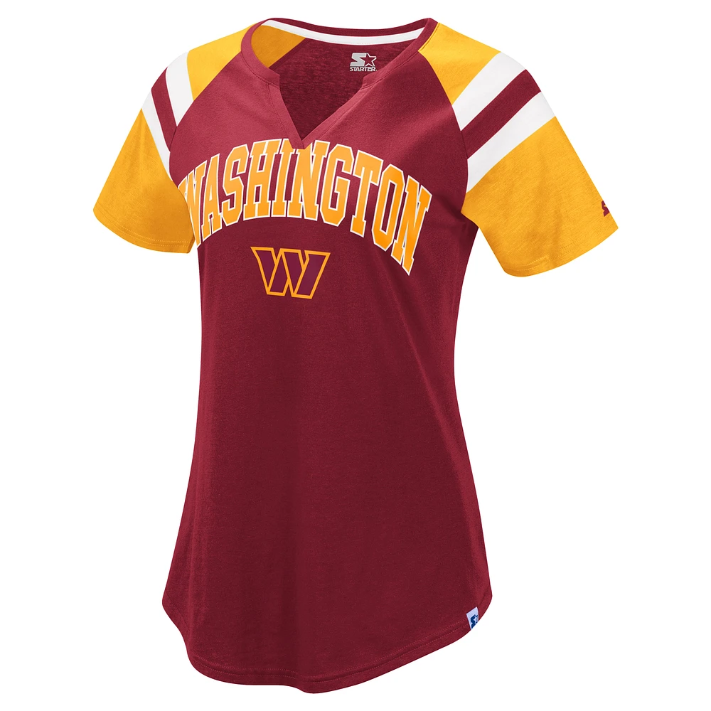Women's Starter  Burgundy Washington Commanders Game On Notch Neck Raglan T-Shirt