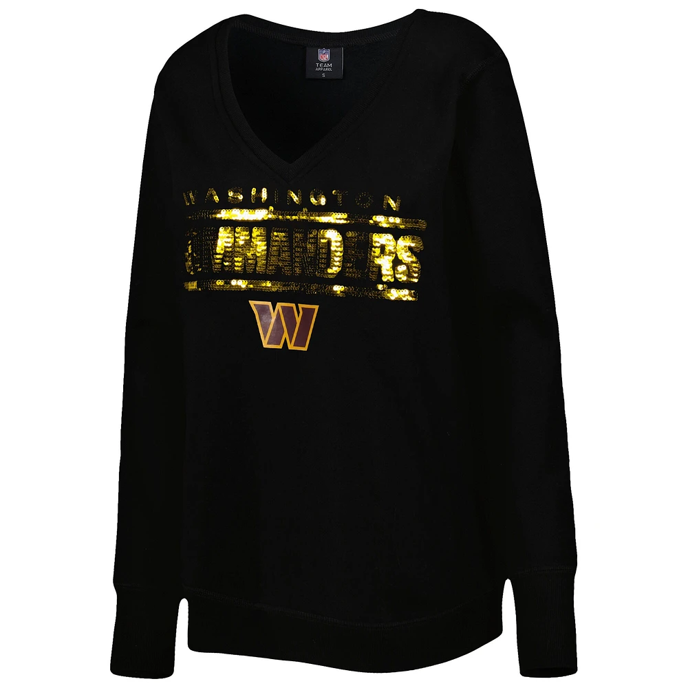 Women's Cuce Black Washington Commanders Sequin Logo V-Neck Pullover Sweatshirt