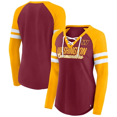 Women's Fanatics Burgundy/Gold Washington Commanders Iconic Raglan Lace-Up V-Neck Long Sleeve T-Shirt