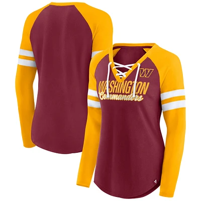 Women's Fanatics Burgundy/Gold Washington Commanders True to Form Raglan Lace-Up V-Neck Long Sleeve T-Shirt