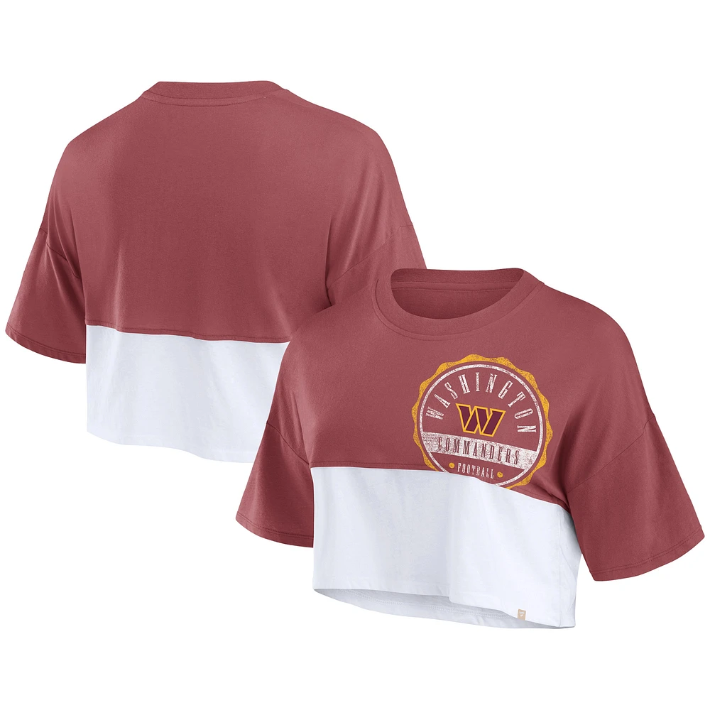 T-shirt court fendu de couleur boxy Fanatics pour femmes bordeaux/blanc Washington Commanders