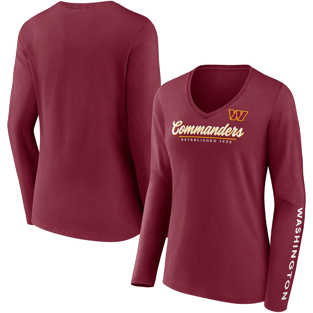 Women's Fanatics Burgundy Washington Commanders Drive Forward V-Neck Long Sleeve T-Shirt