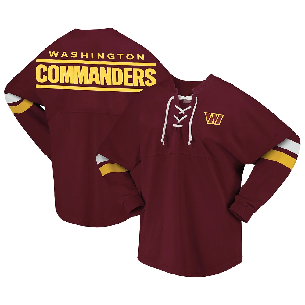 T-shirt à manches longues et col en V lacets Fanatics pour femmes bordeaux Washington Commanders Spirit jersey