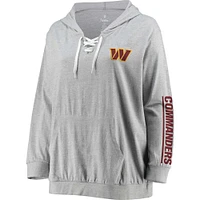 Women's Fanatics Heather Gray Washington Commanders Plus Lace-Up V-Neck Pullover Hoodie